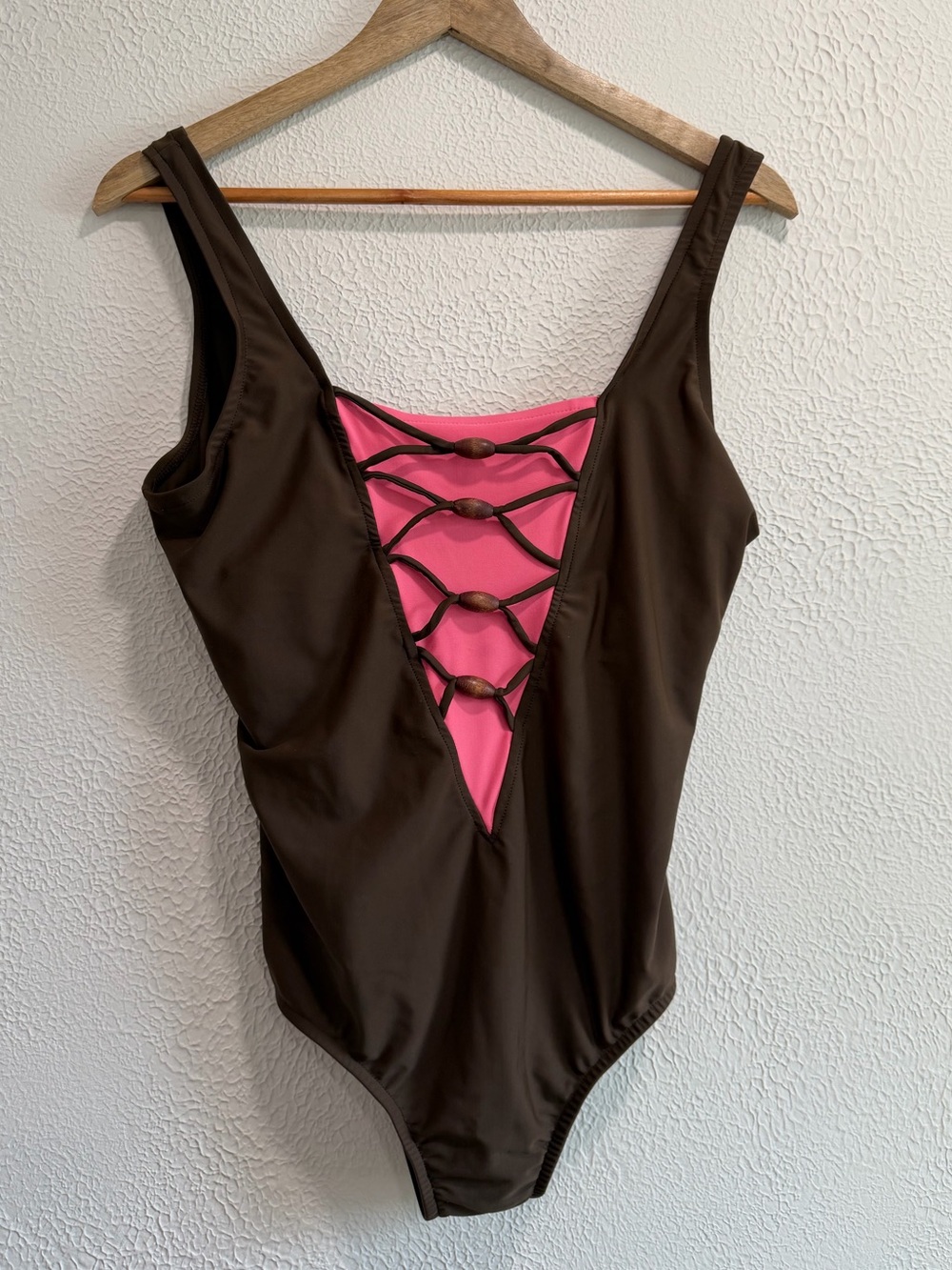 Vintage Inches Off Brown and Pink One Piece Swimsuit with Wood Beads Size 16